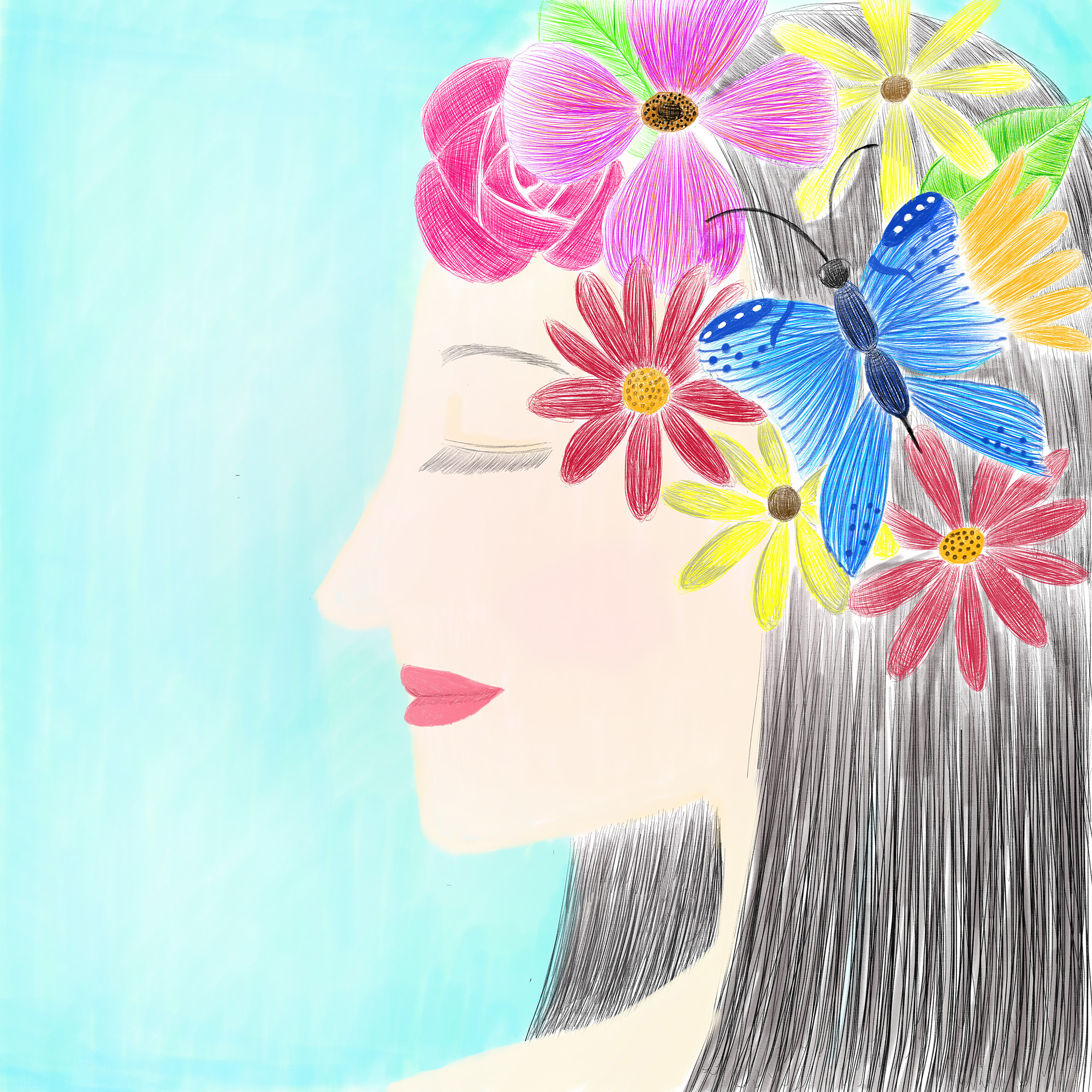 花と女性と蝶と。